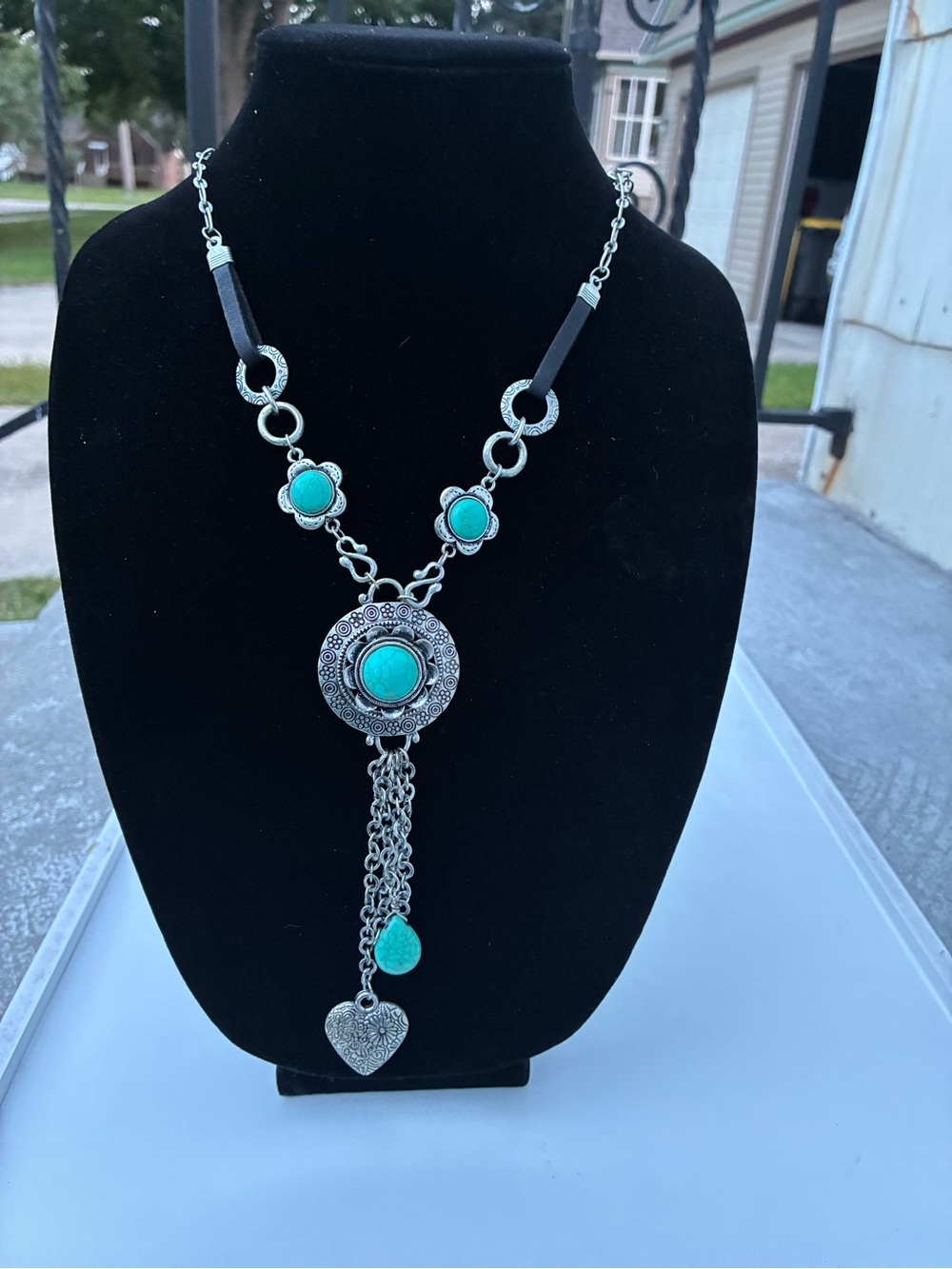 Silver-Tone Turquoise Pendant Necklace with Tassel - Women Jewelry